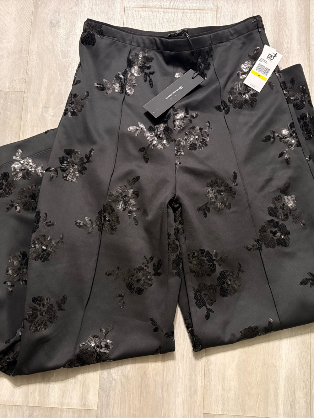 High-Rise Black Sequin Floral Wide-Leg Pants